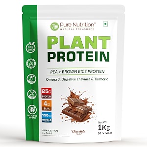 pure nutrition plant protein powder with pea amp brown rice protein  25g plant based protein with flaxseed omega 3 amp digestive enzymes  lactose free protein powder for men amp women  plant protein powder for muscle recovery strength amp daily nutrition support - 1kg chocolate flavour