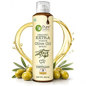 pure nutrition olive oil cooking spray 200ml  100 organic extra virgin cold pressed natural cook healthy with 10x less oil  ideal for dressing baking air-frying  good for skin hair amp massage