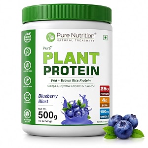 pure nutrition plant protein powder  vegan protein powder with pea amp brown rice protein  25g plant based protein with flaxseed omega 3 amp digestive enzymes  lactose free protein powder for men amp women  plant protein powder for muscle recovery strength amp daily nutrition support - 500g berry blast flavour