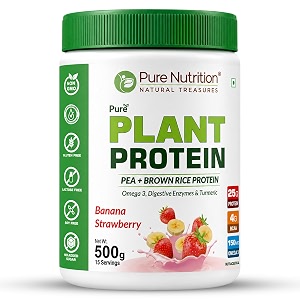 pure nutrition plant protein powder  vegan protein powder with pea amp brown rice protein  25g plant based protein with flaxseed omega 3 amp digestive enzymes  lactose free protein powder for men amp women  plant protein powder for muscle recovery strength amp daily nutrition support - 500g banana amp strawberry flavour