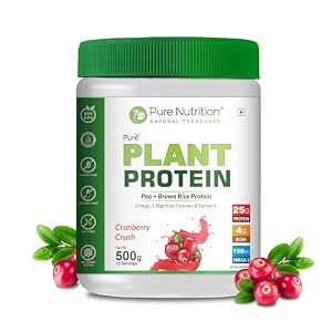 pure nutrition plant protein powder for men women -cranberry crush 500g with pea amp brown rice protein with omega3 digestive enzymes amp turmeric  plant-based vegan supplement for muscle growth amp strength  no artificial sweeteners
