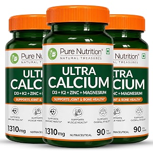 pure nutrition ultra calcium 1310mg  270 veg tablets 90x3  with vitamin d3 k2 zinc amp magnesium  bone joint muscle amp immune health support  calcium supplement for men amp women