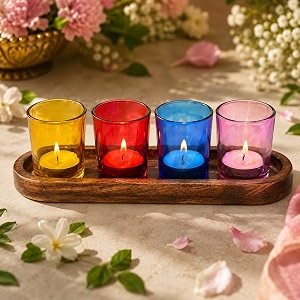 pure source india glass votive tealight candle holders with wooden tray for home decore diwali gifting living room rdylpnkblu