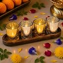 Pure Source India Glass Votive Tealight Candle Holders with Wooden Tray for Home Decore, Diwali Gifting, Living Room (GLDSLV)