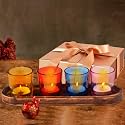 Pure Source India Glass Votive Tealight Candle Holders with Wooden Tray for Home Decore, Diwali Gifting, Living Room (RDYLPNKBLU)