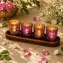Pure Source India Glass Votive Tealight Candle Holders with Wooden Tray for Home Decore, Diwali Gifting, Living Room (RSGLDPNK)