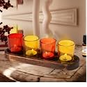 Pure Source India Glass Votive Tealight Candle Holders with Wooden Tray for Home Decore, Diwali Gifting, Living Room (REDYL)