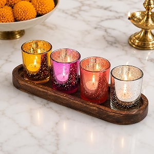 pure source india mercury glass votive tealight candle holders with wooden tray for home decore diwali gifting living room multi