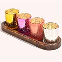 Pure Source India Mercury Glass Votive Tealight Candle Holders with Wooden Tray for Home Decore, Diwali Gifting, Living Room (Multi)