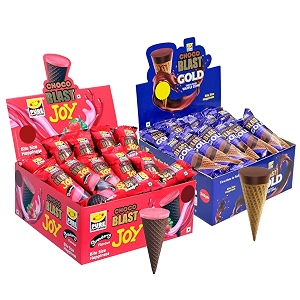 pure temptation choco filled waffle cone gold chocoblast  joy strawberry flavour chocolate box display stand- chocolate pack of 2 each pack contains 36 pcs chocolatestrawberry flavour - 989 gm