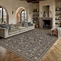 PureCozy Brown Blue Area Rug 6x9 Vintage Floral Distressed