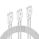 PureGear Braided USB-C to C Cable (3 Pack, 4/6/10 FT) Power Delivery Charger Cord for iPhone Air, 17, 17Pro, 17ProMax,16, 15, MacBook, Galaxy S25/S24/S23/S22 Ultra, Pixel10/9/8 & USB-C Devices(White)