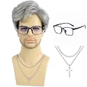 PUREHAIR Men's Short Wig with Blue Light Glasses & Cross Necklace – Realistic Synthetic Hair with Natural Look Hairstyle for Daily Wear, Cosplay & Costume (Gray)