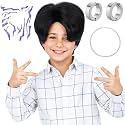 PUREHAIR Kids Short Black Wig with Tattoos for Boys Costume
