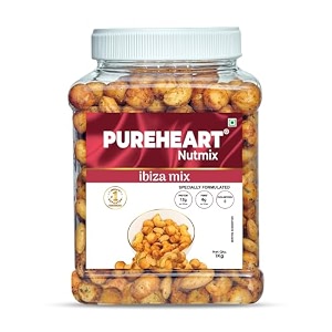 pureheart nutmix ibiza mix  premium macadamia 40 cashew peeled almond roasted nuts l party mix with island soul- herbs amp chilli flavor high protein party snack  1 kg