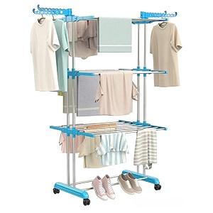 premium heavy duty stainless steel foldable cloth drying standclothes stand for dryingcloth standclothes dryerlaundry racks for drying for indooroutdoorbalcony blue 3 layer