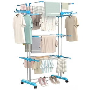 stainless steel double pole 4 layer jumbo cloth drying standcloth drying stand with mobility wheelfoldable wingsanti rust steel metalclothes stand for drying