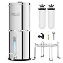 Purewell 2.25G Gravity Water Filter System with Water Level Window, 3-Stage Stainless Steel Countertop System with 2 Washable Ceramic Filters and Stand, Reduce up to 99% Chlorine, PW-KST