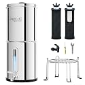 Purewell 2.25G Gravity Water Filter System with Water Level Window, 3-Stage 0.01μm Ultra-Filtration Stainless Steel Countertop System with 2 Filters and Stand, Reduce 99% Chlorine, PW-KS