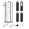 Purewell 3.5G Family-Sized Gravity Water Filter System, 3-Stage 0.01μm Ultra-Filtration Stainless Steel Countertop System with 4 Filters and Stand, Reduce 99% Chlorine, PW-3.5G