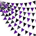 Purple and Black Party Decorations Metallic Fabric Triangle Pennant Banner Flag Bunting Garland for Graduations Birthday Retirement Wedding Baby Shower Bachelorette Halloween Outdoor Party Supplies