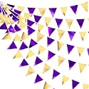 Purple and Gold Party Decorations Metallic Fabric Triangle Pennant Banner Flag Bunting Garland for Graduations Birthday Retirement Wedding Baby Shower Bachelorette Halloween Outdoor Party Supplies