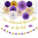 Purple-Gold White Party-Decorations Graduation Banner-Streamers - 18pcs Kits 2026 Congratulations Grad She Believed She Could So She Did Garland,Paper Tissue Pom Poms Fan,Honeycomb Lanterns Panduola