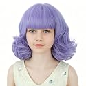 Purple Kids Wig Short Curly Lavender Purple Bob Chlid Wigs with Bangs Synthetic Wigs with Wig Cap for Cosplay Party Costume