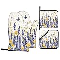 Purple Lavender Oven Mitts and Pot Holders Sets - Spring Floral Kitchen Mitts Potholders 4 Pack Heat Resistant Neutral Butterfly Oven Gloves Hot Pads for Kitchen Baking Grilling Party
