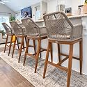PURPLE LEAF Bar Height Stools Set of 4 with Arms, Back & Cushion, Deep Teak