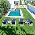 PURPLE LEAF Chaise Lounge Set of 4 with Padded Foam, White Frame, Navy Blue