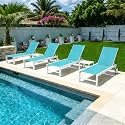 PURPLE LEAF Chaise Lounge Set of 4 with Wheels, White Frame, Turquoise Blue
