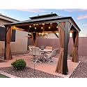 PURPLE LEAF Patio Hardtop Gazebo 10' x 13' Bronze Frame Khaki LED