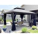 PURPLE LEAF Patio Hardtop Gazebo 12' x 14' Aluminum Frame Navy Blue LED