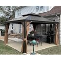 PURPLE LEAF Patio Hardtop Gazebo 13'x13' Bronze Frame Double Roof Khaki LED