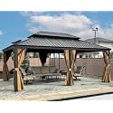 PURPLE LEAF Patio Hardtop Gazebo 14' x 20' Bronze Frame Double Roof Khaki