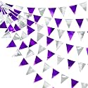 Purple and Silver Party Decorations Triangle Pennant Banner Flag Metallic Fabric Bunting Garland for Birthday Graduation Retirement Bachelorette Wedding Bridal Shower Engagement Disco Party Supplies