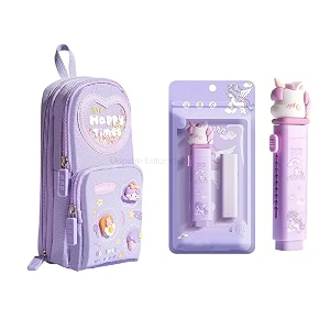 purple stationery combo set for girls  kawaii pencil case pouch with zipper amp push pull eraser with refills  back to school supplies gift for kids