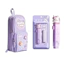 Purple Stationery Combo Set for Girls | Kawaii Pencil Case Pouch with Zipper &amp; Push Pull Eraser with Refills | Back to School Supplies Gift for Kids