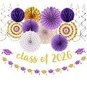 Purple-White Gold Party-Decorations Graduation Banner-Streamers - 18pcs Kits Class of 2026 Garland, Paper Tissue Pom Poms Fan, Honeycomb Lanterns Congrate Grad Congratulations Decor Panduola