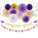 Purple-White Gold Party-Decorations Graduation Banner-Streamers - 18pcs Kits 2026 Congrate Grad Garland,Congratulations Paper Tissue Pom Poms Fan,Honeycomb Lanterns Decor Panduola