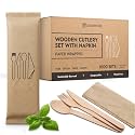 PURPLECLAY Bulk Wrapped Wooden Cutlery Sets 1000 Sets, Individually Wrapped Fork Spoon Knife Napkin, UV Sanitized FSC Certified Birchwood, Plastic Free for Restaurants, Catering, Events