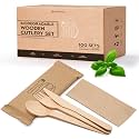 PURPLECLAY Wooden Disposable Utensils Set, 300 Pieces | Wrapped Utensils and Napkins, 100 Sets | Compostable Silverware for Parties | Eco Friendly, Plastic-Free Alternative to Bamboo Cutlery