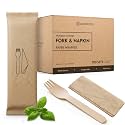PURPLECLAY Wrapped Wooden Fork and Napkin Sets, 100 Sets, Individually Wrapped Disposable Cutlery, UV Sanitized FSC Certified Birchwood, Plastic Free Eco Friendly for Take Out, Catering, Food Trucks
