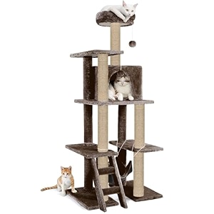 multi-storey fur fabric kitten cat tree - stairs  hammock  condo  top perch  furry balls  scratching posts height 60 inch brown - furr-57