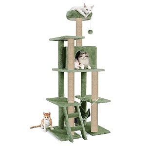 multi-storey fur fabric kitten cat tree - stairs  hammock  condo  top perch  furry balls  scratching posts height 60 inch green