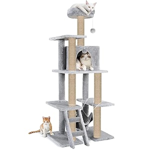 multi-storey fur fabric kitten cat tree - stairs  hammock  condo  top perch  furry balls  scratching posts height 60 inch grey - furr-57