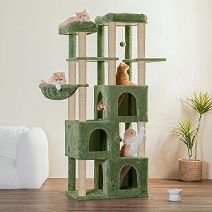multilevel fur fabric cat tree - multiple condos  hanging ball  cat house  jute rope scratching posts  for adult cats amp kittens 28 x 19 x 66 inches green - furr-89