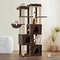 Multilevel Fur Fabric Cat Tree - Multiple Condos | Hanging Ball | Cat House | Jute Rope Scratching Posts | for Adult Cats & Kittens (28 x 19 x 66 Inches) (Brown - FURR-89)