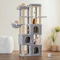 Multilevel Fur Fabric Cat Tree - Multiple Condos | Hanging Ball | Cat House | Jute Rope Scratching Posts | for Adult Cats &amp; Kittens (28 x 19 x 66 Inches) (Grey - FURR-89)